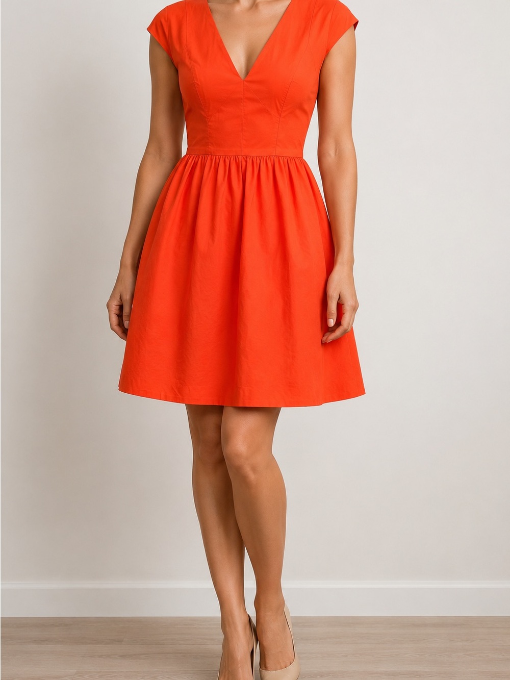 French Connection Bright Orange V-Neck Flared Dress - Picture 2 of 8
